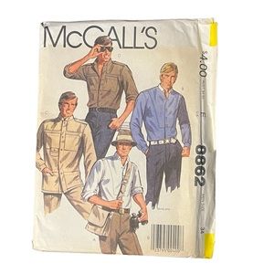 McCalls 8862 1980s Mens Shirt sewing Pattern Sporty Cargo Safari Style UNCUT.